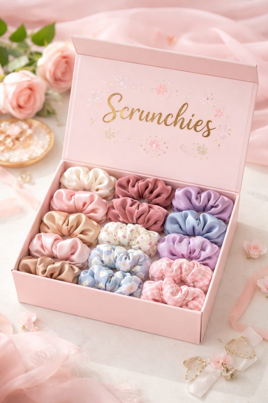 premium mix of cotton,velvet and satin scrunchies gift box(15 pieces)