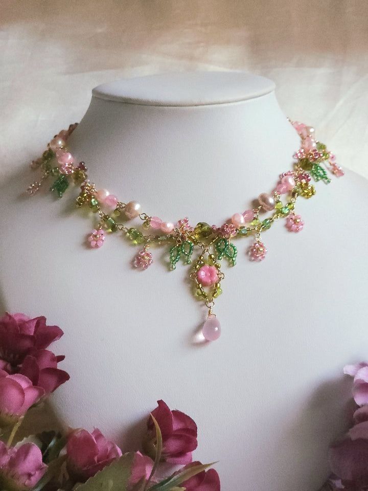 floral pearl charm necklace (pink & green)