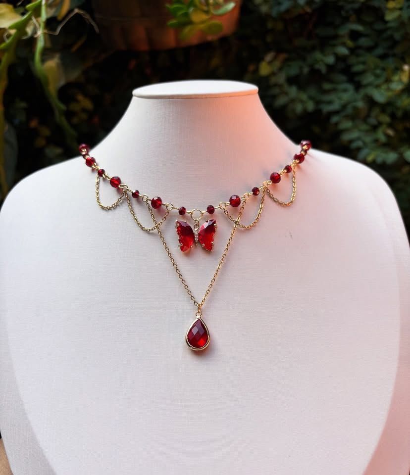 elegant red crystal layered necklace set (butterfly pendant)